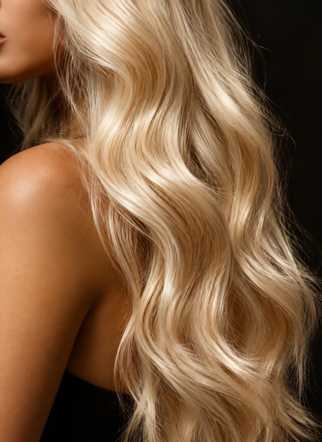 Long platinum blonde hair with soft waves styled at REMA Hair Salon in Orlando