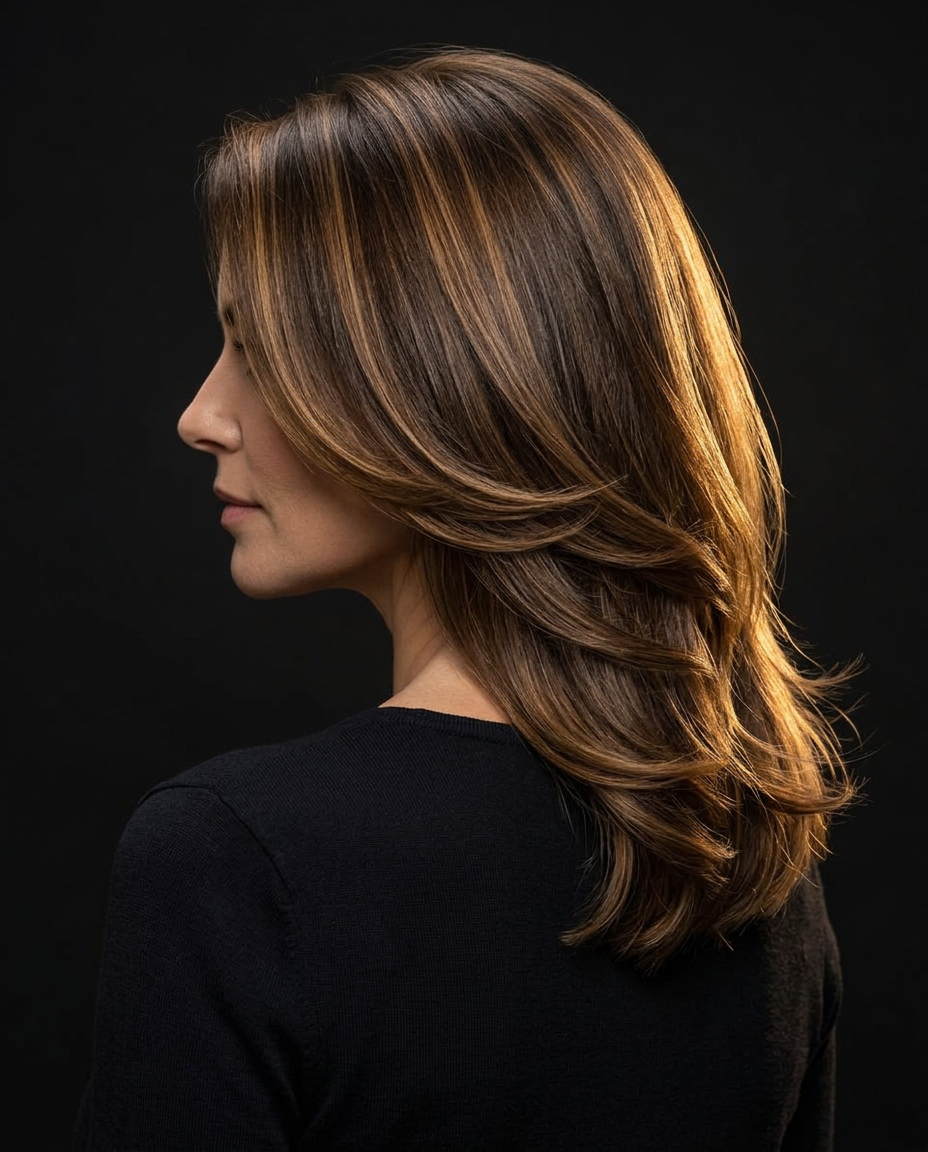 Glossy layered brunette hairstyle with dimensional caramel highlights