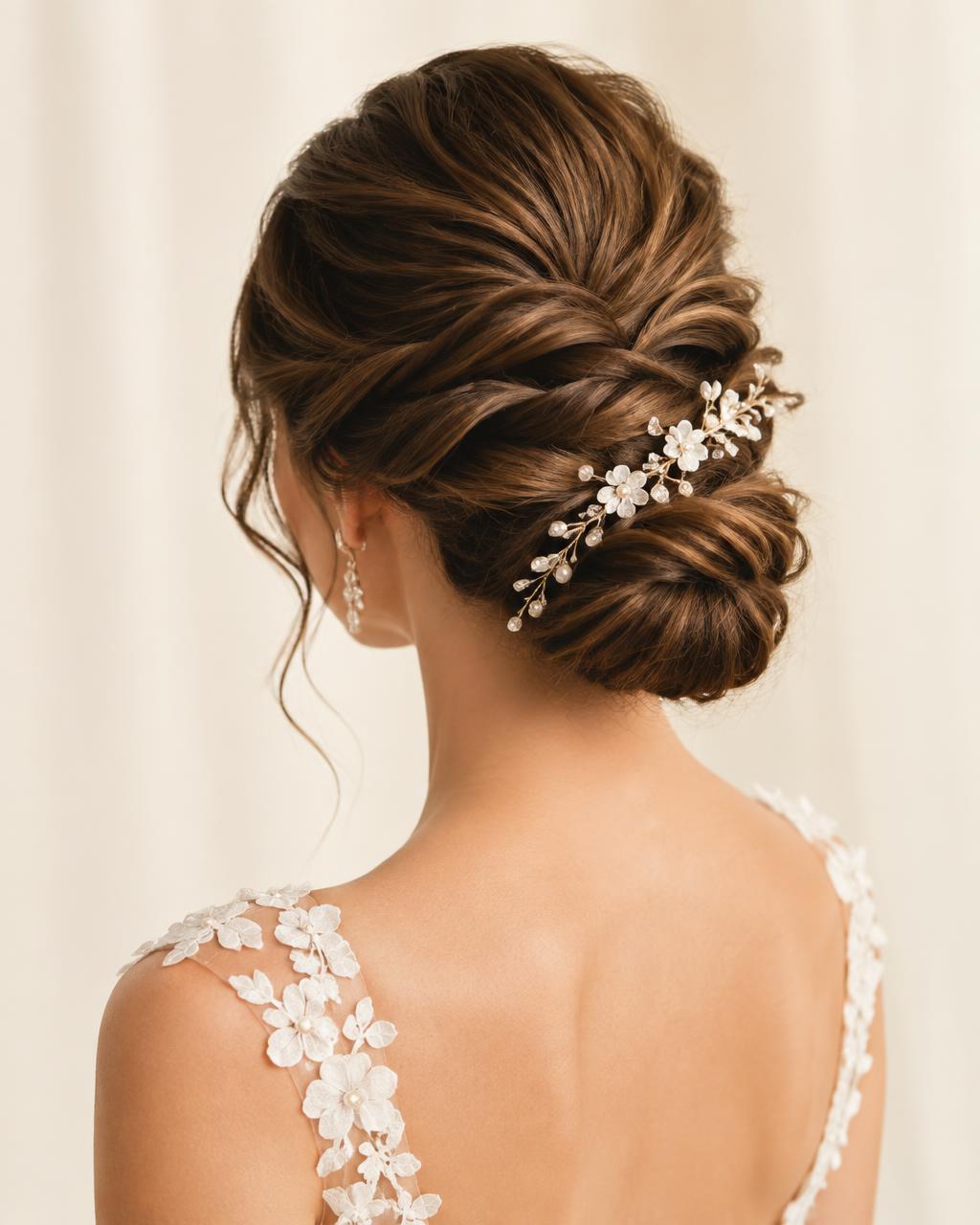 Elegant bridal updo with soft twists and floral pins
