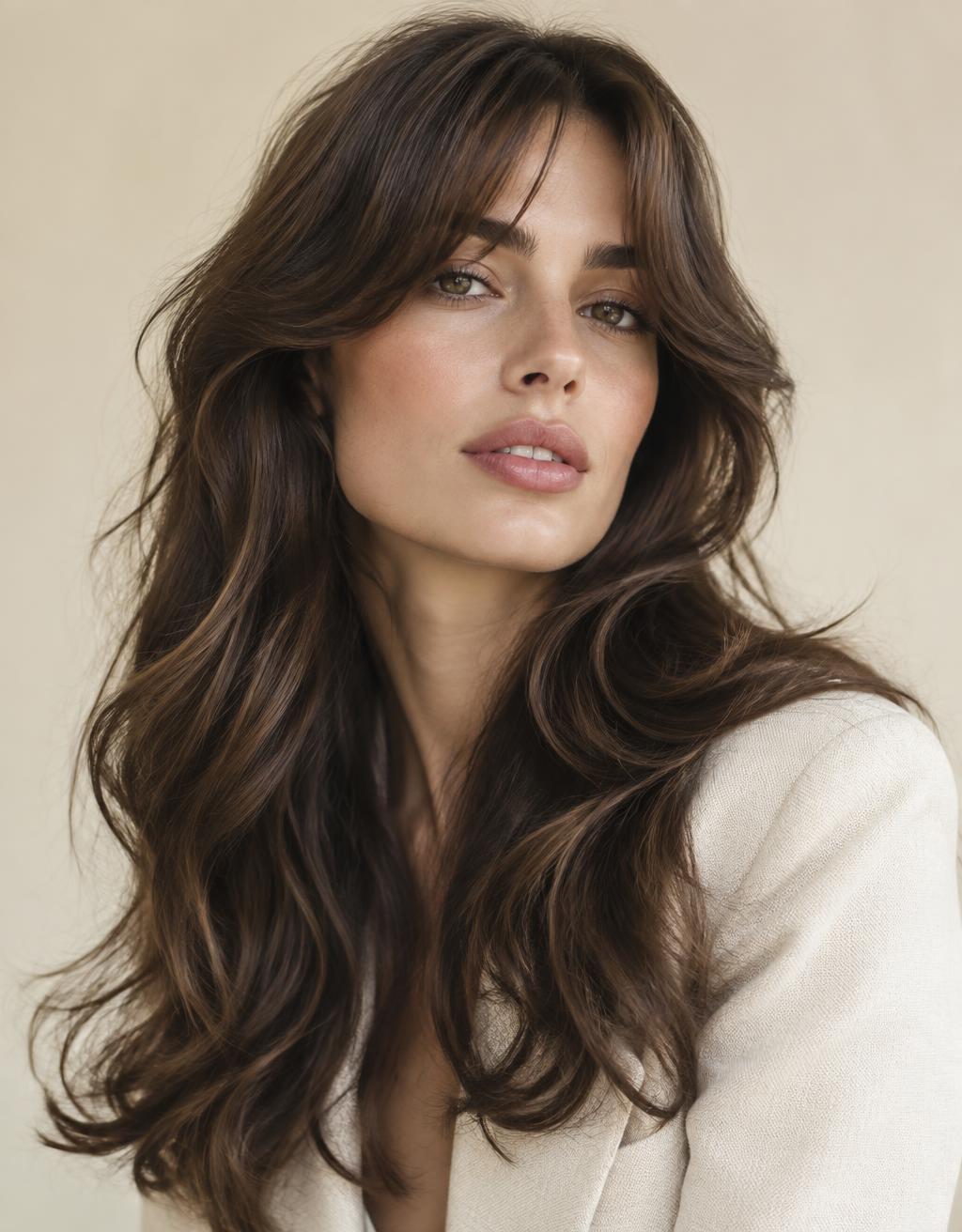 Long layered brunette haircut with curtain bangs