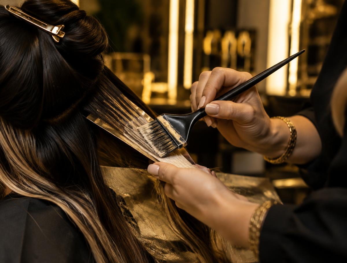 Stylist hand-painting balayage highlights in the salon