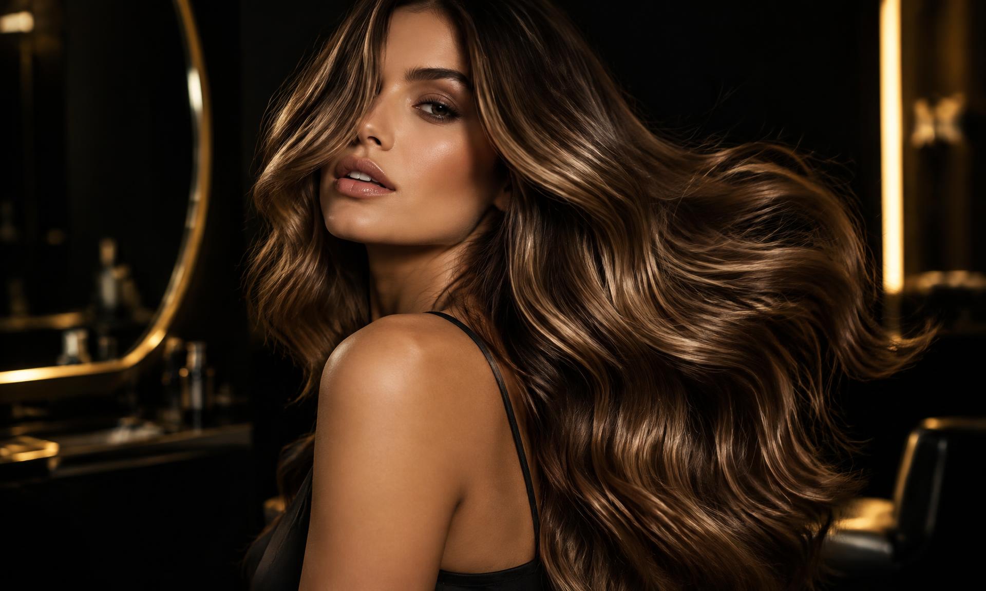 Dimensional brunette balayage with glossy movement, photographed in a dark luxury salon setting