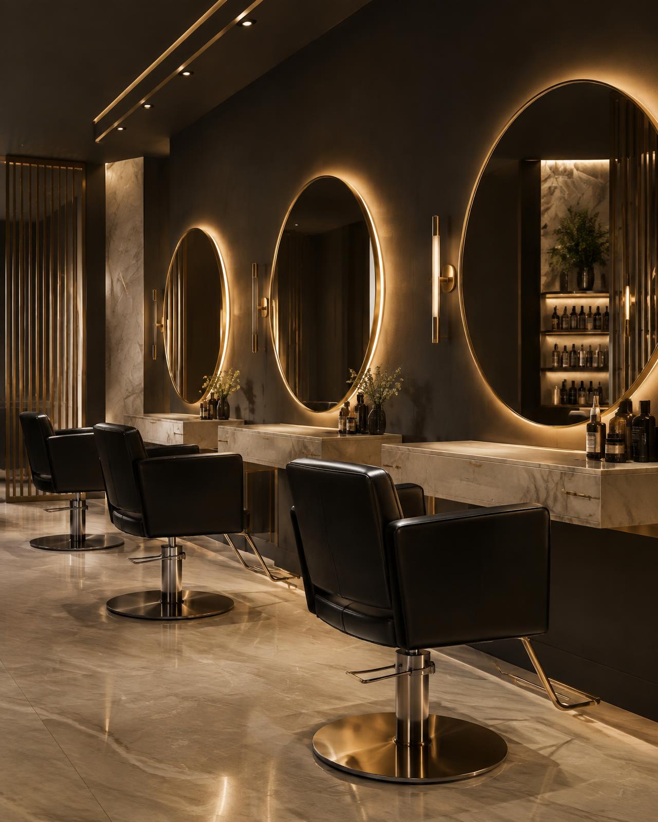 Rema Hair styling stations with brass-framed round mirrors and black leather chairs